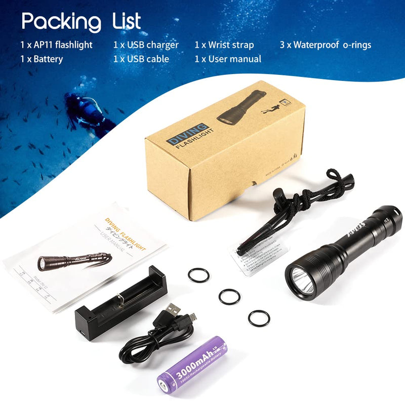 APLOS AP11 Diving Flashlight XM-L2 LED 1050 Lumen Scuba Dive Light, IPX8 Waterproof Underwater 150m 492ft Professional Submersible Light with Rechargeable Batteries and Charger - BeesActive Australia