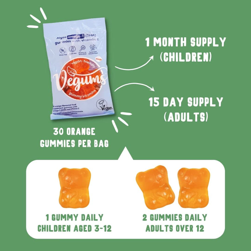 Vegums Fish-Free Omega-3 for Kids and Adults | 30 Orange-Flavoured Food Supplement Gummies with Omega-3 (DHA) Sourced from Marine Algae & Vitamin E | Suitable for Vegans and Vegetarians 30 Count (Pack of 1) - BeesActive Australia
