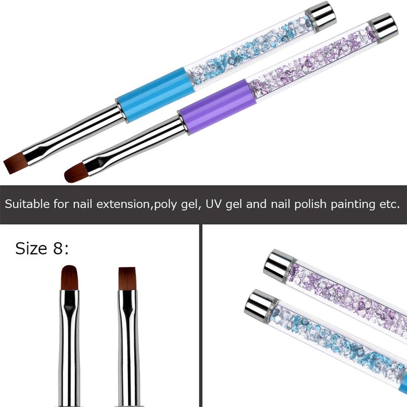 Ycyan 2Pcs Oval & Flat UV Gel Nail Brush Set Rhinestone Handle Professional Nail Art Design Brushes Multi-colored - BeesActive Australia