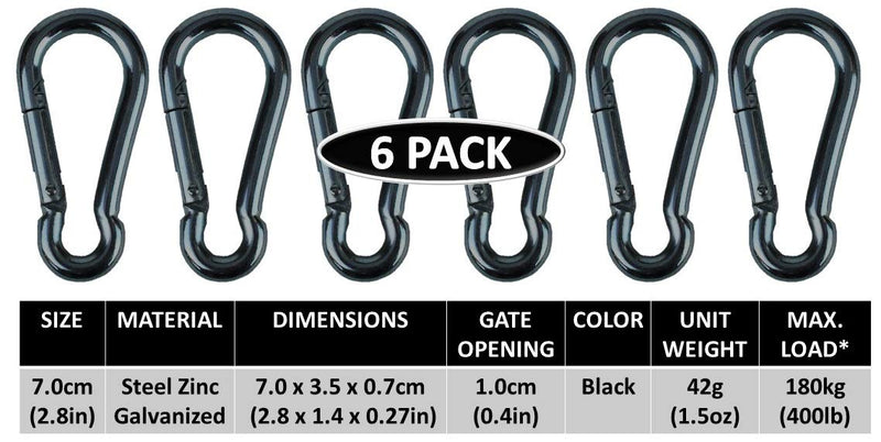 Branded Boards Black & Silver Heavy Duty Bushcraft Zinc-Galvanized Steel Carabiner Spring Snap Clip Link Hooks. 200-400lb Load. 6 Packs, 12 Packs and Variety Packs. Black-7cm-6 Pack - BeesActive Australia