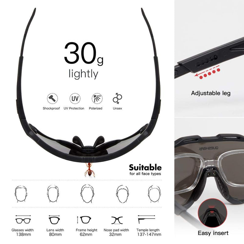 Queshark Sports Cycling Sunglasses 4 Lens Anti UV400 for Men Women HD Polarized Black - BeesActive Australia