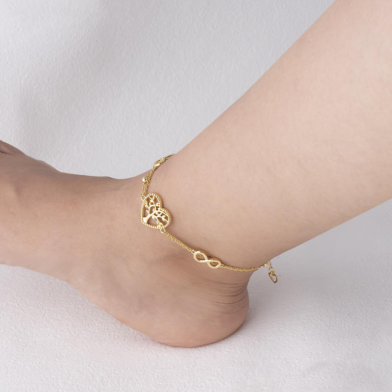 G&GEMSJEW Heart Ankle Bracelet for Women, 14K Gold Plated Handmade Dainty Layered Rhinestone Anklet Gold Beaded Chain Anklet 10", Cubic Zirconia Summer Beach Foot Chain Ankle, Multi-color Optional Gold Tree of Life - BeesActive Australia