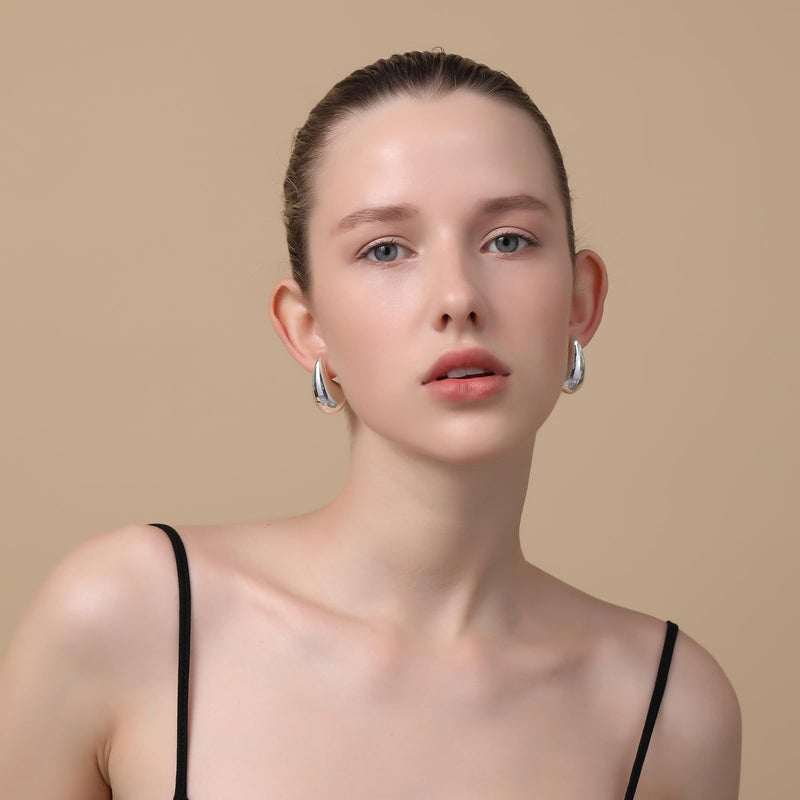 Apsvo Chunky Gold Hoop Earrings for Women, Dupes Earrings Lightweight Waterdrop Hollow Open Hoops, Hypoallergenic Gold Plated Earrings Fashion Jewelry for Women Girls silver - BeesActive Australia