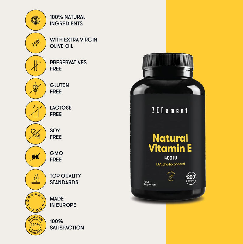 Natural Vitamin E - 400 IU, (D-Alpha-Tocopherol), 200 Softgels | with Organic Extra Virgin Olive Oil | Antioxidant and Anti-Aging | Zenement - BeesActive Australia