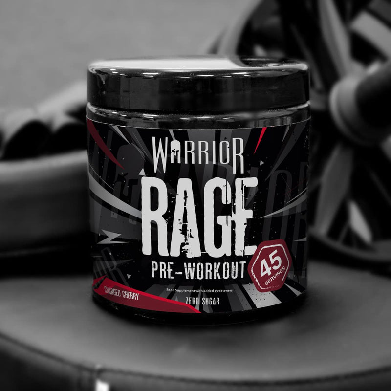 Warrior, Rage - Pre-Workout Powder - 392g - Energy Drink Supplement with Vitamin C, Beta Alanine and Creatine Gluconate - 45 Servings (Charged Cherry) Charged Cherry 392 g (Pack of 1) - BeesActive Australia