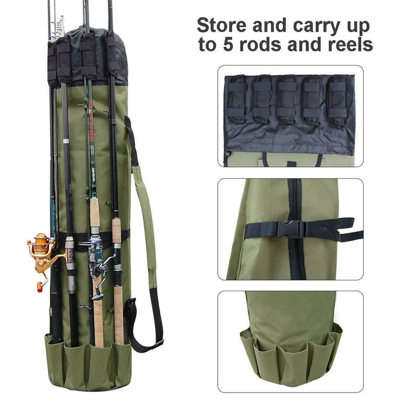 [AUSTRALIA] - Allnice Durable Canvas Fishing Rod & Reel Organizer Bag Travel Carry Case Bag- Holds 5 Poles & Tackle Khaki Green 