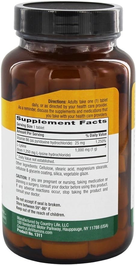 Country Life - B6 1000 mg L-Lysine Amino Acid Supplement. 100 tablets - BeesActive Australia