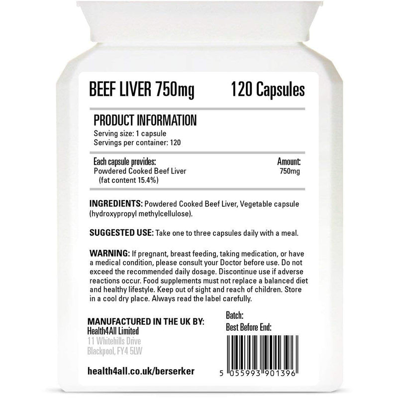 Berserker Desiccated Beef Liver 750mg 120 Capsules Un-defatted Meaning Full Absorption of Naturally Occurring Vitamins and Minerals Found in Beef Liver. Made in The UK. 120 Count (Pack of 1) - BeesActive Australia