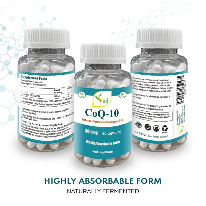 Ved's Co Enzyme Q10 Best High Absorption CoQ10 Capsule, Vegetarian, Gluten Free, Dietary Supplement, 300 mg 90 Veggie Capsules - BeesActive Australia