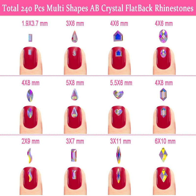 AB Nail Art Crystals multi-shape 3D Glass Gemstones, Flatback AB Crystals Rhinestones for Nails Clothes Face Jewelry (12style20pcs) - BeesActive Australia