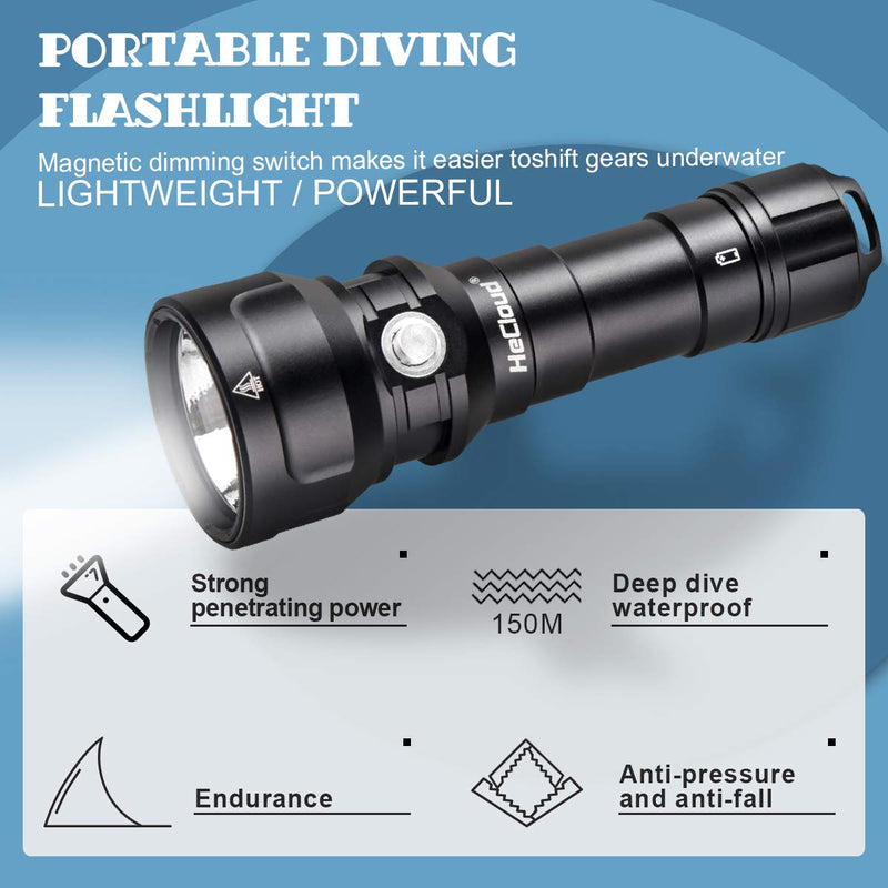 HECLOUD Diving Flashlight with Rechergeable Power 2000 Lumens Underwater Professional Scuba Snorkeling IPX8 Waterproof Super Bright PM70 LED Torch Dive Lights with Charger - BeesActive Australia