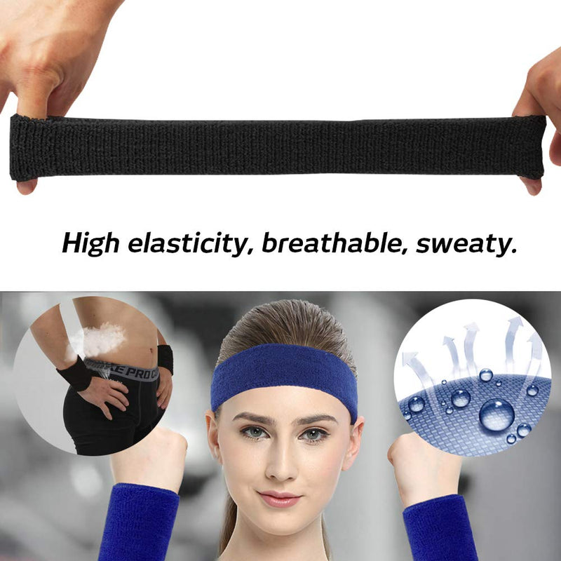 FineGood 6 pcs Sweatband Set, Cotton Sport Athletic Headband Wristband for Men Women Cycling Running Tennis Basketball - Black, Blue - BeesActive Australia