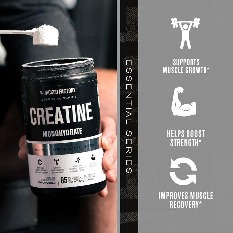 Jacked Factory Creatine Monohydrate Powder 425g - Creatine Supplement for Muscle Growth, Increased Strength, Enhanced Energy Output and Improved Athletic Performance 85 Servings, Unflavored Powder - 85 Servings - BeesActive Australia