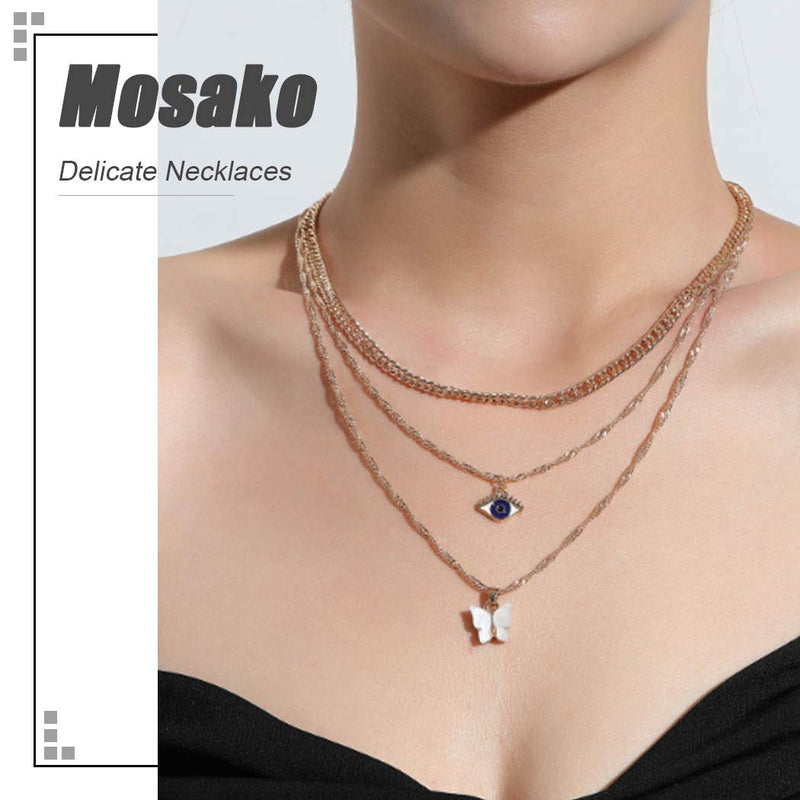 Mosako Boho Layered Necklace Evil Eyes Pendant Necklaces Chain Short Gold Butterfly Dainty Delicate Charm Necklaces Jewelry for Women and Girls - BeesActive Australia