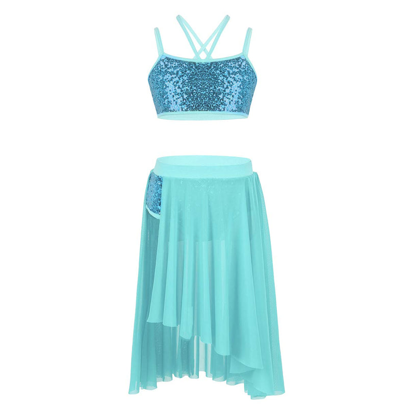 [AUSTRALIA] - winying Girls 2PCS Latin Lyrical Dance Outfit Shiny Sequins Crop Top with Side Split Tulle Skirt Set Lake Blue 10 / 12 