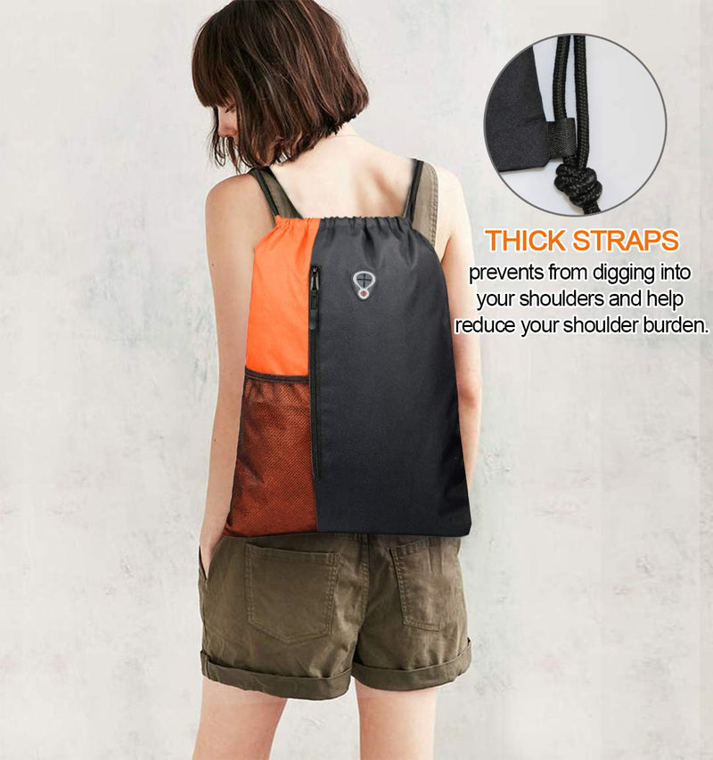 Drawstring Backpack Sports Gym Bag for Women Men Children Large Size with Zipper and Water Bottle Mesh Pockets Black/Oranage - BeesActive Australia