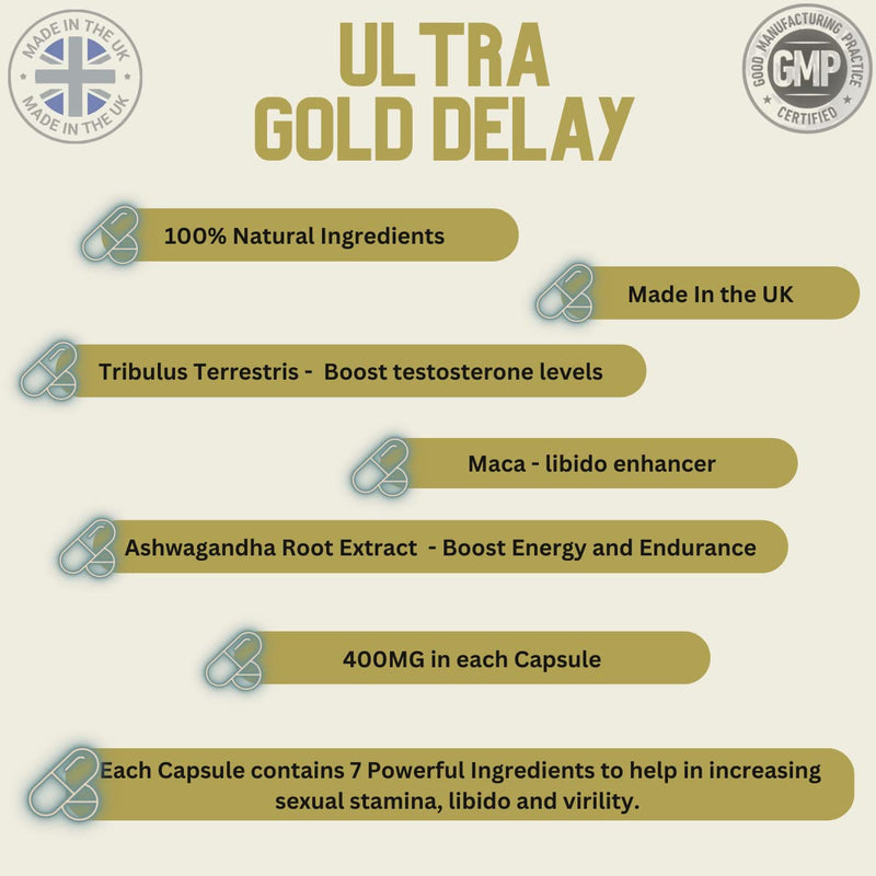 12 x Ultra Gold high strength capsules with Delay, 100% Herbal sexual support supplement for men! Stamina, Libido, Endurance support - BeesActive Australia