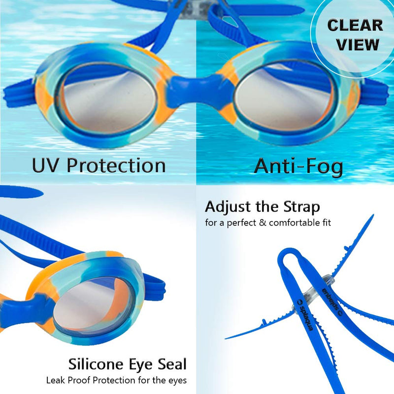 [AUSTRALIA] - Splaqua Kids Swim Goggles for Boys and Girls - Adjustable Straps, Silicone Eye Seal, UV Protection and Anti Fog Lenses Swimming Goggle Blue Tie Dye 