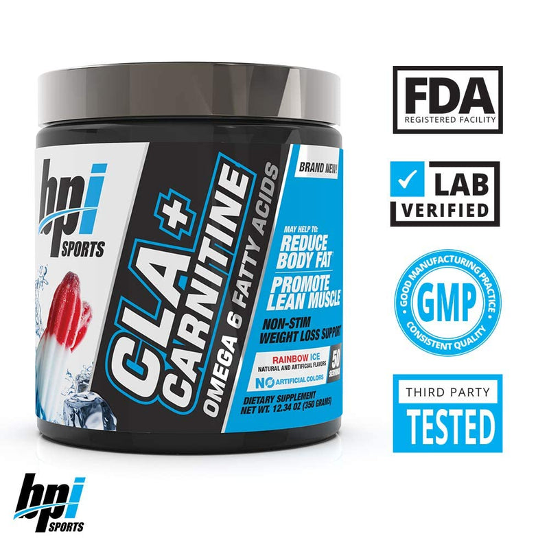 BPI Sports CLA + Carnitine – Conjugated Linoleic Acid – Performance, Lean Muscle – Caffeine Free – For Men & Women – Rainbow Ice – 50 servings – 12.34 Oz. Rainbow Ice - BeesActive Australia