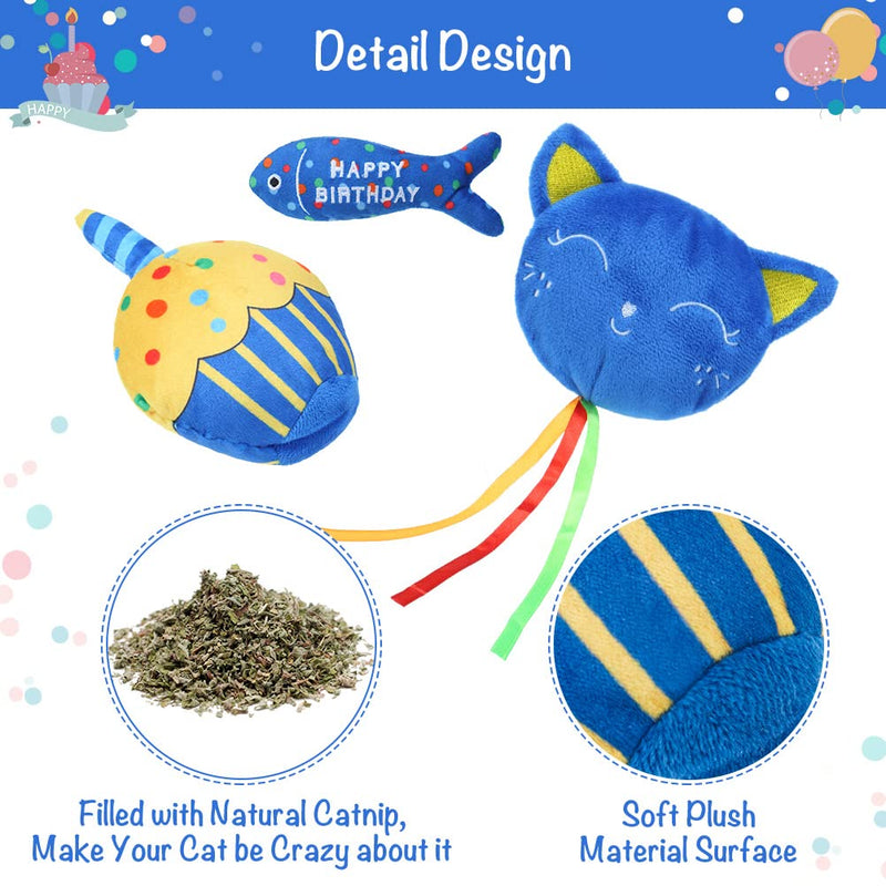 BINGPET Catnip Toys for Indoor Cats, Cat Birthday Hat and Interactive Plush Kitten Chew Toys - Cute Cake, Fish, Balloon Toys with Crinkle Paper and Catnip Inside Birthday Hat+Catnip Toys - BeesActive Australia