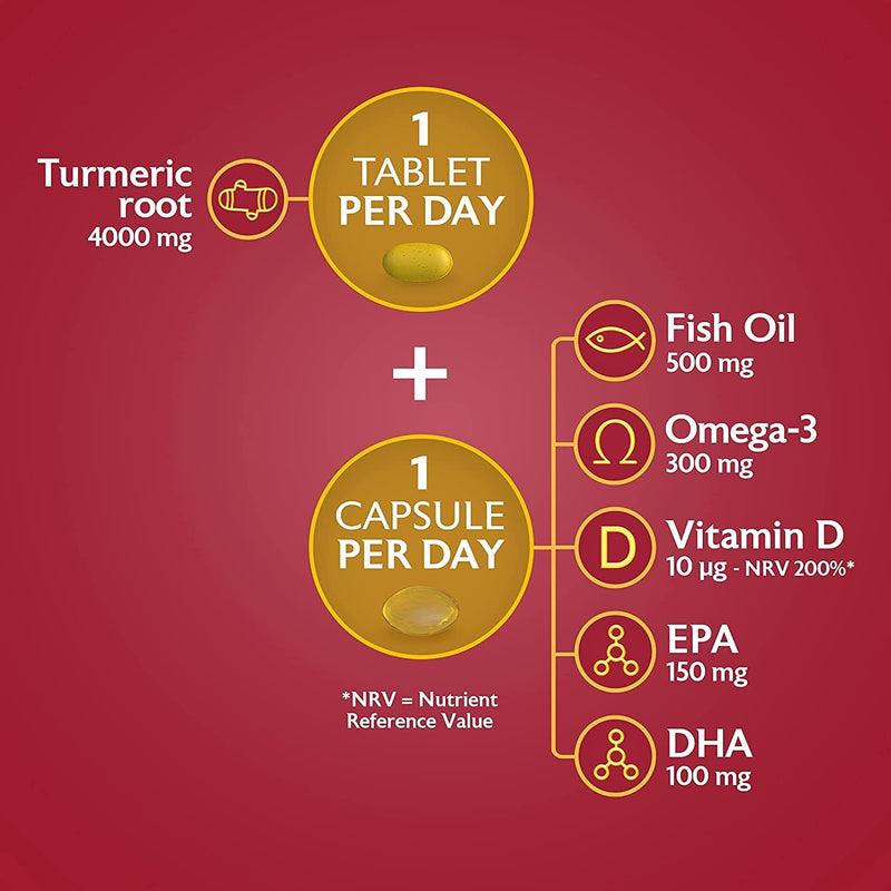 Seven Seas Omega-3 Fish Oil Turmeric, With 500 mg Fish Oil + 300 mg Omega-3, 60 High Strength Tablets With Vitamin D & 250 mg EPA & DHA, Whole Body Health+, Duo Pack: 30 Capsules + 30 Tablets - BeesActive Australia