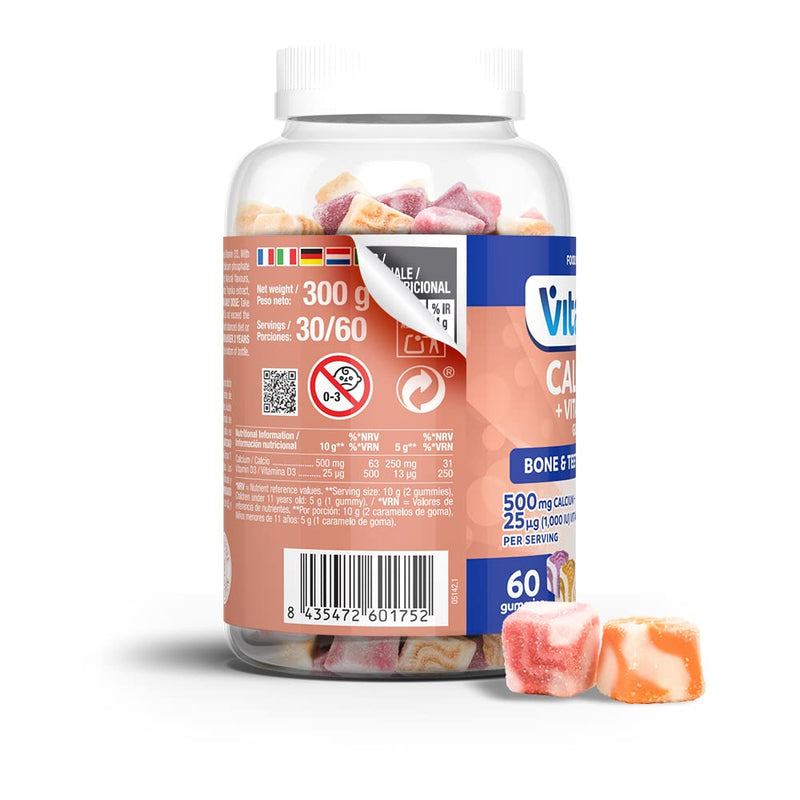 VITALDIN Calcium + Vitamin D3 Gummies � 500 mg Calcium & 1.000 IU Vitamin D per Serving � 60 Chewable Gummies (1-Month Supply); Fruit Flavour � Bone & Teeth Support � Gluten Free � for Kids & Adults - BeesActive Australia