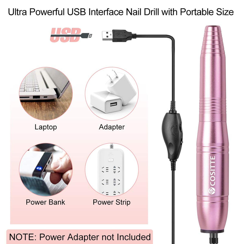 COSITTE Electric Nail Drill, USB Electric Nail Drill Machine for Acrylic Nails, Portable Electrical Nail File Polishing Tool Manicure Pedicure Efile Nail Supplies for Home and Salon Use, Pink - BeesActive Australia