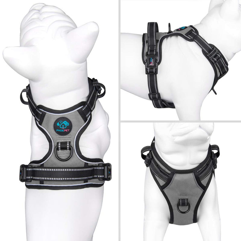 PHOEPET No Pull Dog Harness Reflective Adjustable with 2 Metal Leash Hooks and Soft Training Handle [Over The Head Design] Medium Gray - BeesActive Australia