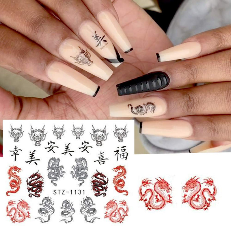 Chinese character Dragon Nail Stickers 5 PCS Panda Flame Tai Chi Chinese Knot Design Nail Decals Water Transfer DIY Nail Art Wraps Manicure Tips Decorations Chinese style - BeesActive Australia