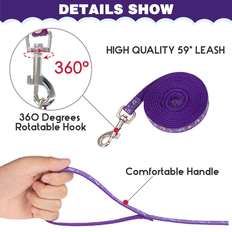 Cat Harness with Leash and Collar Set - Escape Proof Adjustable H-shped Cat Harness with Star and Moon Pattern Glow in The Dark for Kitty Outdoor Walking Purple - BeesActive Australia