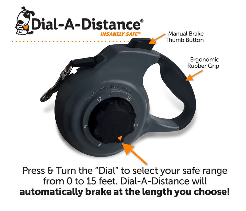 Dial A-Distance Retractable Dog Leash, Adjustable 0 to 15 Feet, Auto Brake and One Button Lock - BeesActive Australia