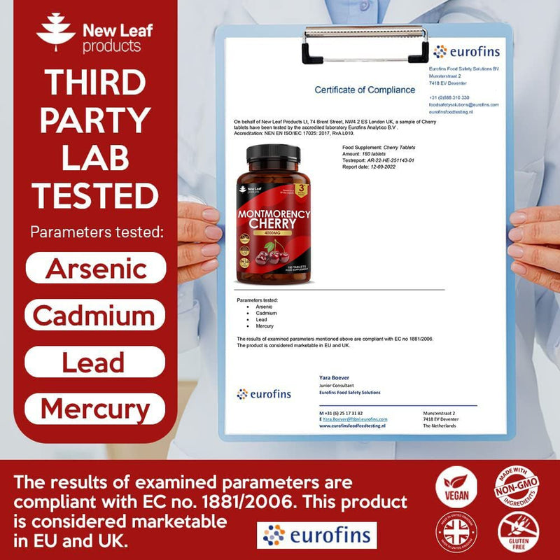 Montmorency Cherry 4000mg (2 per Serving) - 180 Tablets High Strength Concentrate - Natural Tart Cherry Vegan Supplements (not Capsules or Powder) - Non-GMO, 3 Months Supply - Made in The UK - BeesActive Australia
