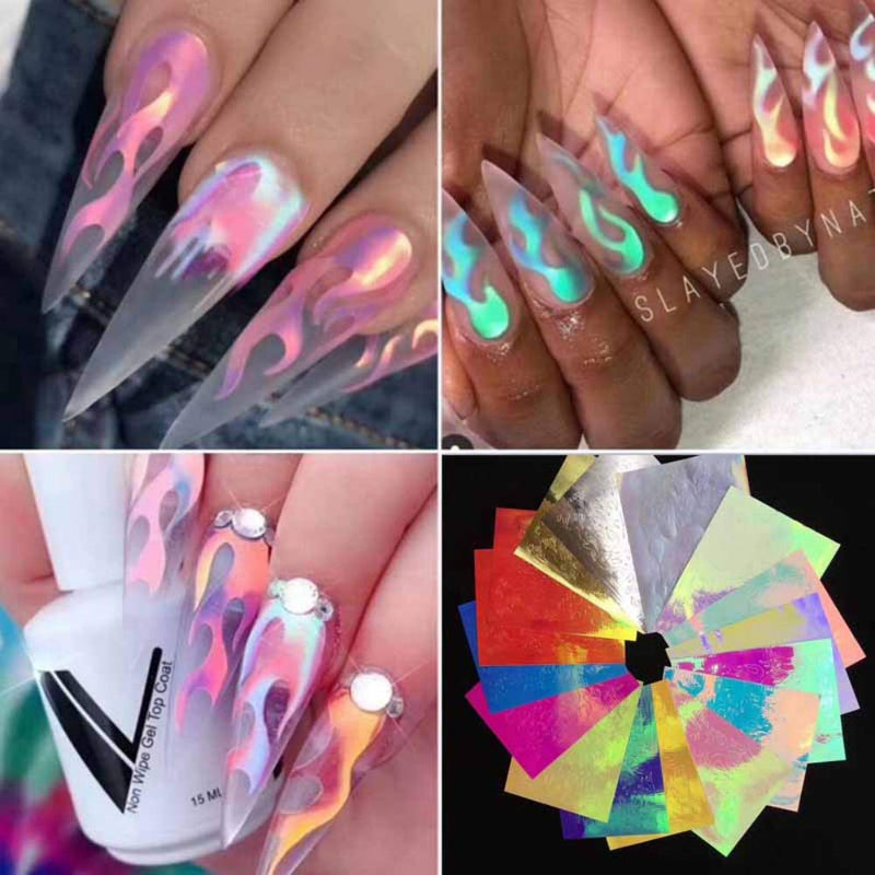 Reddhoon 16 Pcs/Set Holographic Fire Flame Nail Stickers, Vinyls Stencil Hollow Stickers Fires on Manicure Stencil Stickers Nail Art Decoration - BeesActive Australia