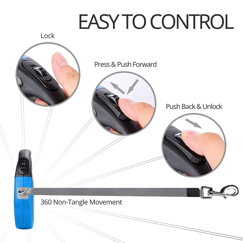 CFMOUR Retractable Dog Leash, 16ft No Tangle Retractable Leashes with Clicker for Puppy Small Medium Dogs Upto 44lbs, Strong Nylon Tape/Ribbon, One-Handed Brake Pause Lock Blue - BeesActive Australia