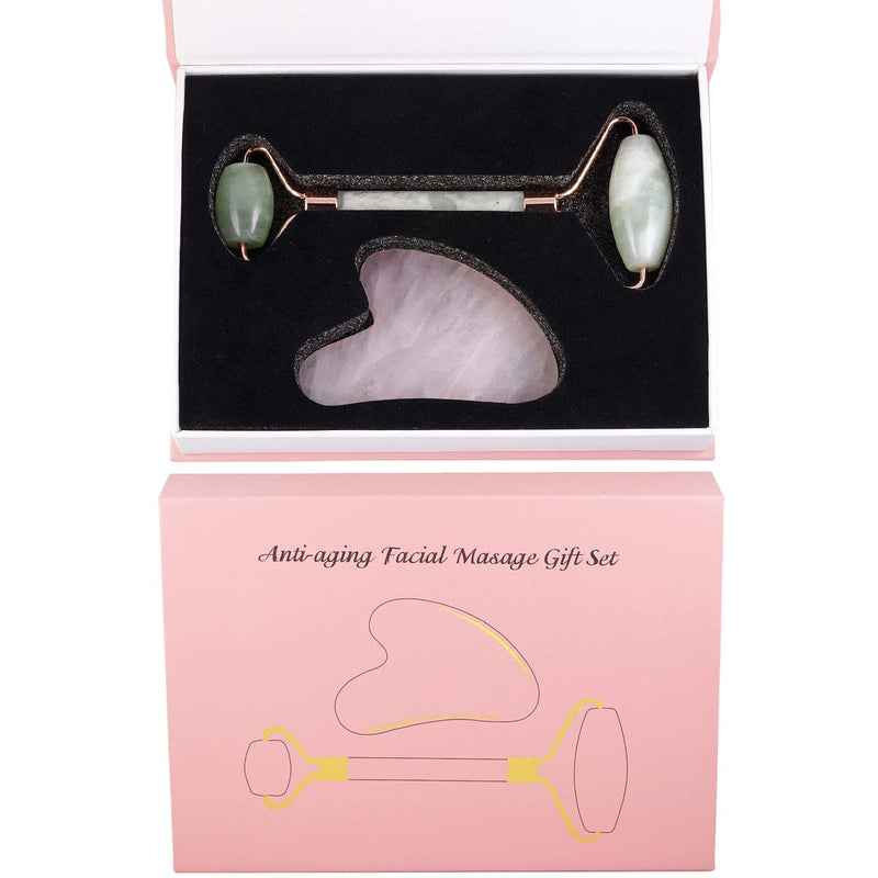 rockcloud Natural Crystal Jade Roller and Gua Sha Scraping Set Massager Tool for Anti Aging Beauty Neck Body Reduce Wrinkles Facial Massager Therapy Xiuyan Jade and Rose Quartz Crystal Stone Green & Pink - BeesActive Australia