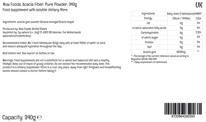 Now Foods, Acacia Fiber, Natural Dietary Fiber, 240g Vegan Powder, Lab-Tested, Soy Free, Gluten Free, Vegetarian, Non-GMO - BeesActive Australia