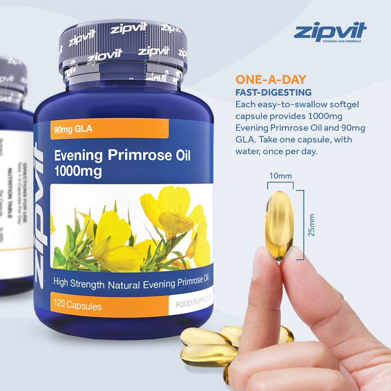 Zipvit Evening Primrose Oil 1000mg, 120 Capsules. Omega 6 90mg. Linoleic Acid 650mg. Supports Maintenance of Normal Blood Cholesterol. 4 Months Supply. UK Supplier. Jar of 120 Softgel Capsules - BeesActive Australia