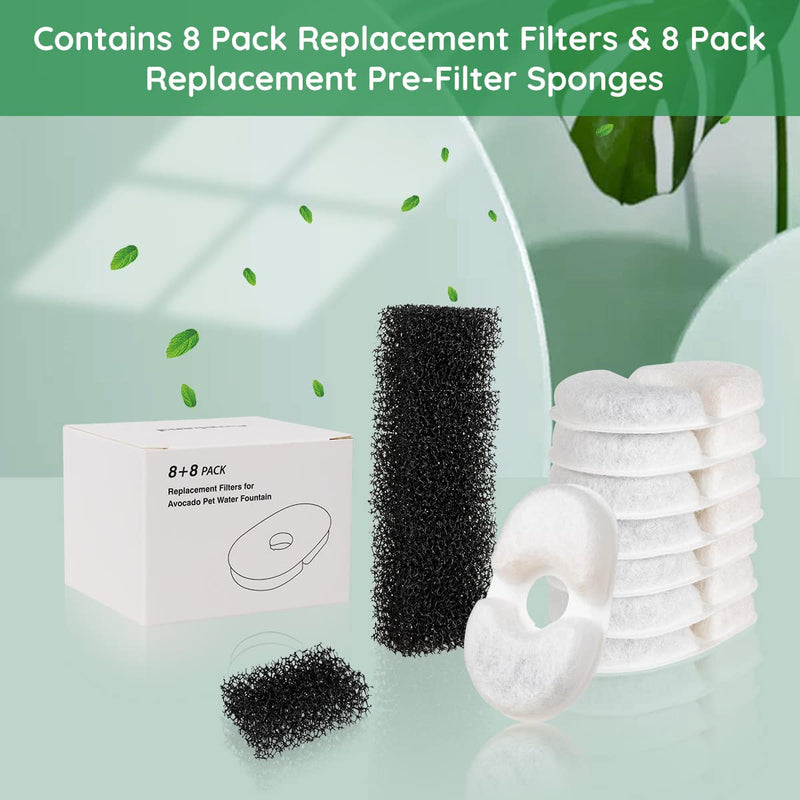 Awpland Avocado Cat Water Fountain Filters Set, 8 Pack Replacement Filters and Water Pump Filter Cotton, Quadruple Filteration System, Filter for 67oz/2L Automatic Cat Water Fountain - BeesActive Australia