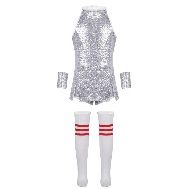 [AUSTRALIA] - MSemis Kids Girls Shiny Sequins Sleeveless Tops with Shorts for Hip Hop Jazz Street Dance Performing Clothing Set Silver 10-12 