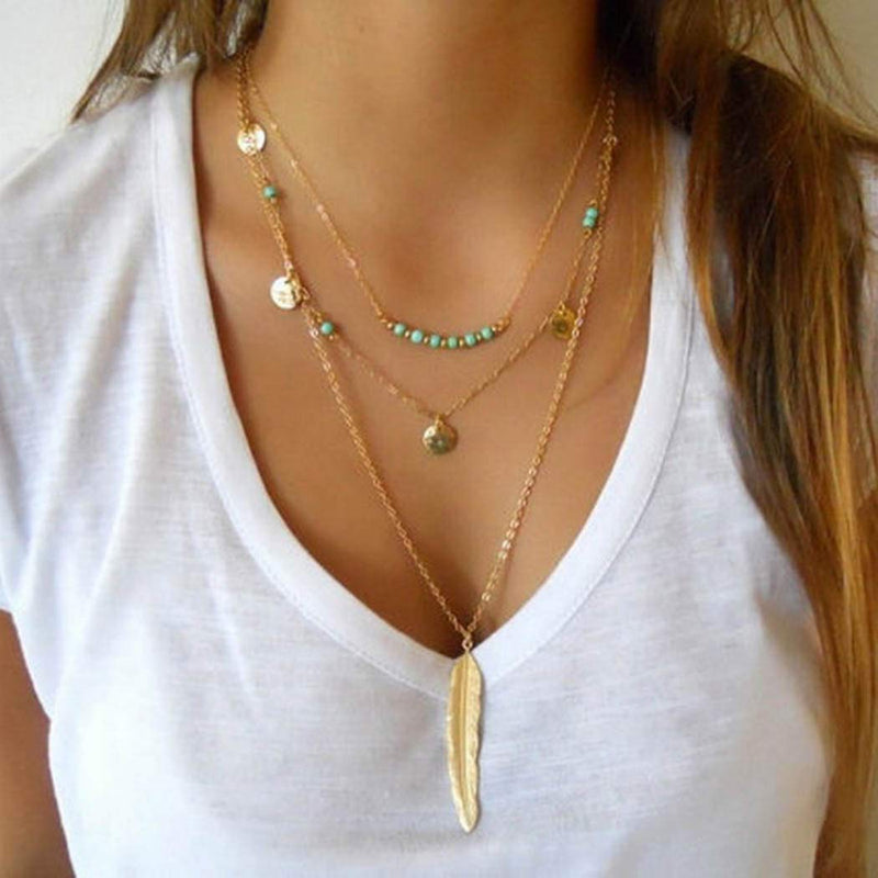 Hannah Boho Turquoise Layered Necklaces Gold Short Sequins Pendant Necklaces Chain Jewelry for Women and Girls - BeesActive Australia