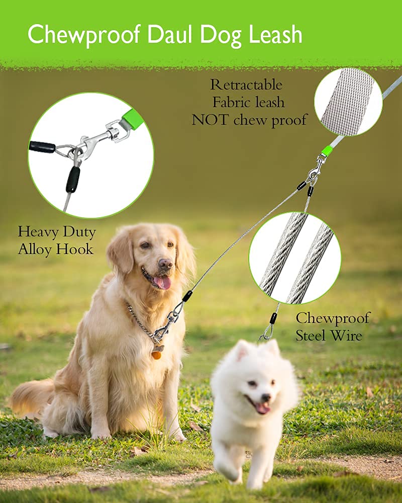 Chew Proof Retractable Dog Leash with 2 Heavy Duty Anti-Chewing Wire Ropes, 16FT Leashes 360 Tangle Free for 2 Dogs, Dual Dog Lead for Small/Medium/Large Dogs Medium Green - BeesActive Australia