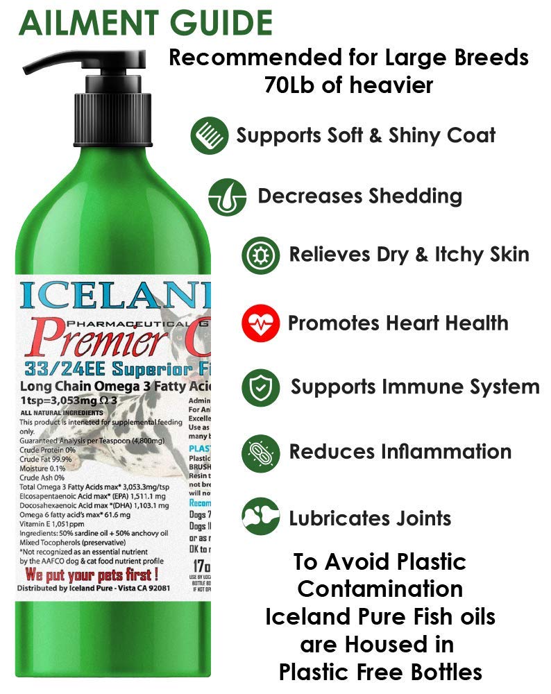 Iceland Pure PREMIER FISH OIL – FOR LARGE DOG BREEDS – 17OZ BRUSHED ALUMINUM BOTTLE – EASY TO ADMINISTER – SHINY COAT – HEART HEALTH – OMEGA-3 EPA & DHA FOR IMMUNITY (PO17) - BeesActive Australia