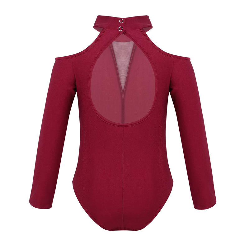 [AUSTRALIA] - iEFiEL Girls Team Basic Stretch Mock Neck Long Sleeve Leotard Cutout Back Gymnastics Ballet Dance Outfit Burgundy 8 / 10 