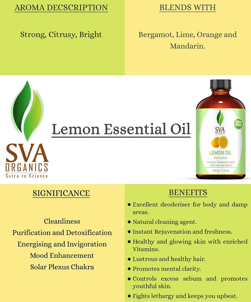 SVA 100% Pure Cold Pressed Lemon Essential Oil 4 OZ (118 ML) Virgin/Unrefined For Aromatherapy, Diffuser, Skincare, Haircare - BeesActive Australia