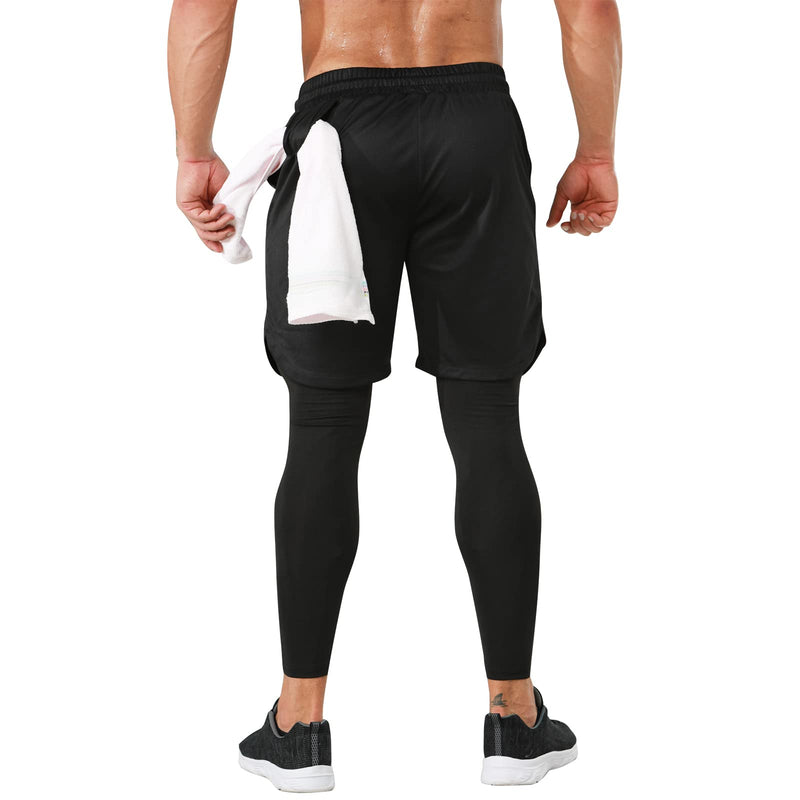 Odoland 2 Pack Mens Compression Running Pants, 2 in 1 Quick Dry Athletic Workout Sweatpants Shorts Gym Leggings with Pocket Black/ Army Green Medium - BeesActive Australia