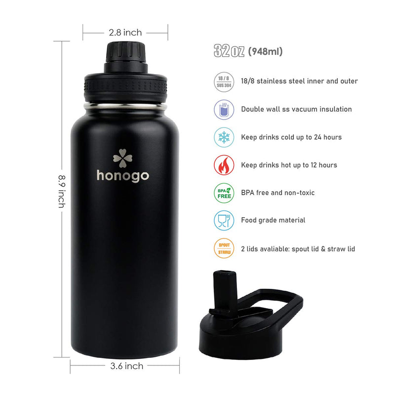 honogo 32 oz Powder Coated Double Wall Vacuum Insulated Sports Water Bottle, 18/8 Stainless Steel Wide Mouth Thermos Flask with Straw Lid & Spout Lid, Leak Proof, Sweat Free, BPA Free Black - BeesActive Australia