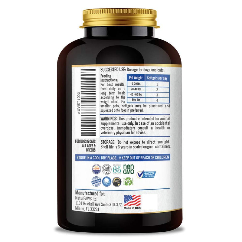NaturPAWS Omega 3 Fish Oil Supplement for Dogs and Cats - 1000 mg Pure DHA and EPA Omegas - Supports Healthy Coat and Skin, Heart, Immune System, Joints and Hip - 180 softgels - BeesActive Australia