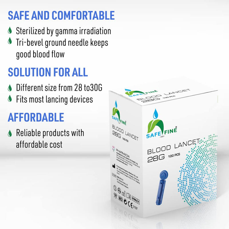 SafeFine 28G 3mm Blood Lancets Sterile Compatible with Most Lancing Devices 100 pcs/box - BeesActive Australia