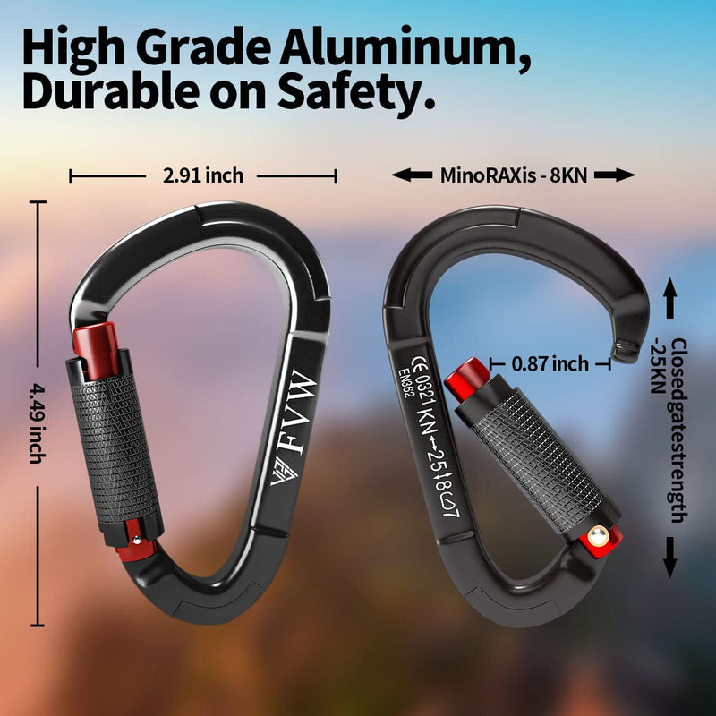 FVW Auto Locking Rock Climbing Carabiner Clips,Professional 25KN (5620 lbs) Heavy Duty Caribeaners for Rappelling Swing Rescue & Gym etc, Large D-Shaped Carabiners Black*5 - BeesActive Australia