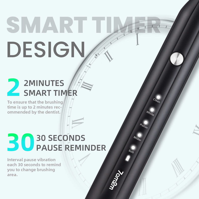 7AM2M Sonic Electric Toothbrush for Adults and Kids, One Charge for 90 Days, with 6 Brush Heads, 5 Modes with 2 Minutes Build in Smart Timer, Roman Column Handle Design (Black) No Travel Case Black - BeesActive Australia